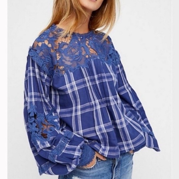 Free People Darling Diane Plaid Balloon Sleeve Lace Top w Measurements! Size M - Picture 2 of 13